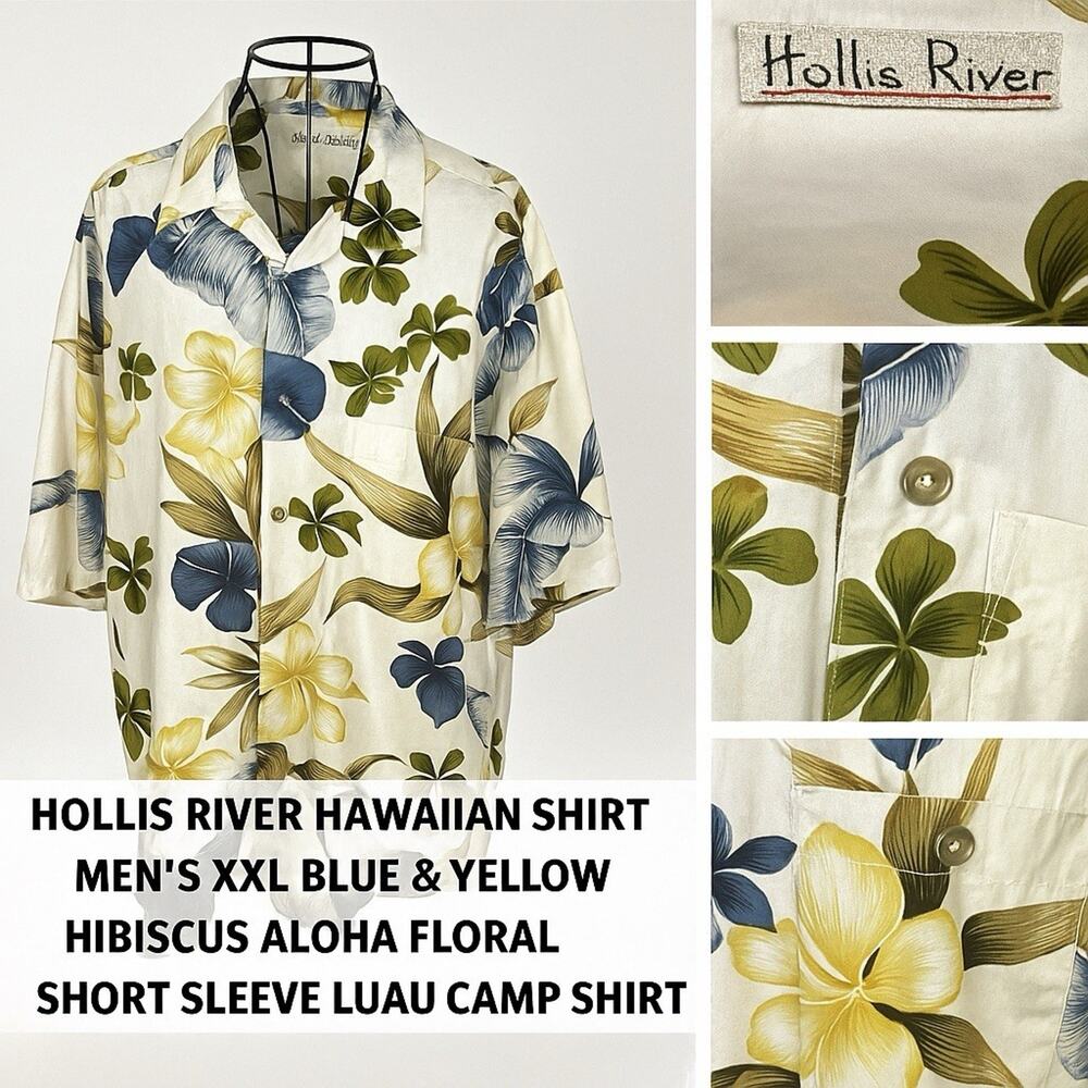 Hollis River Hawaiian Shirt Men’s XXL Blue & Yellow Hibiscus Floral Short Sleeve